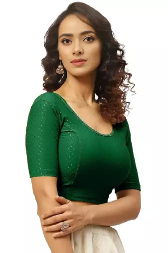 Bottel Green Cotton Lycra Fully Stretchable Round Neck Readymade Blouse With Half Sleeve