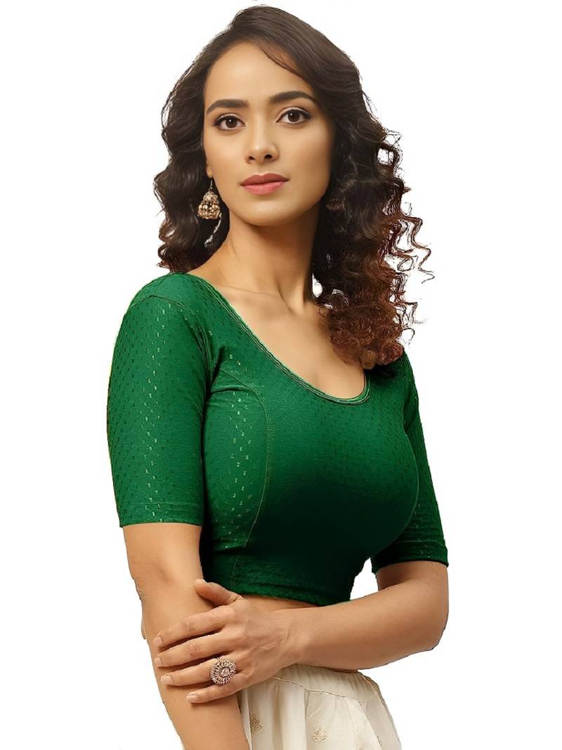 Bottel Green Cotton Lycra Fully Stretchable Round Neck Readymade Blouse With Half Sleeve