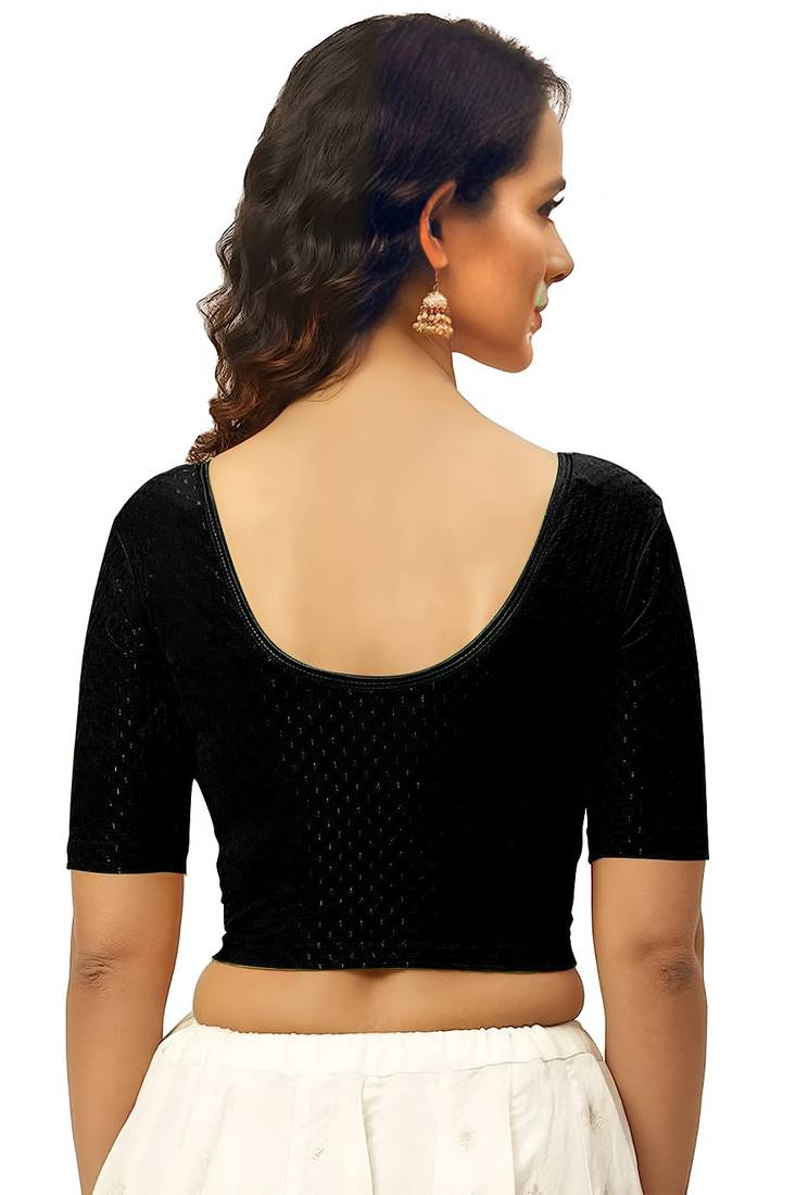 Black Cotton Lycra Fully Stretchable Round Neck Readymade Blouse With Half Sleeve