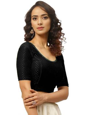 Black Cotton Lycra Fully Stretchable Round Neck Readymade Blouse With Half Sleeve 3