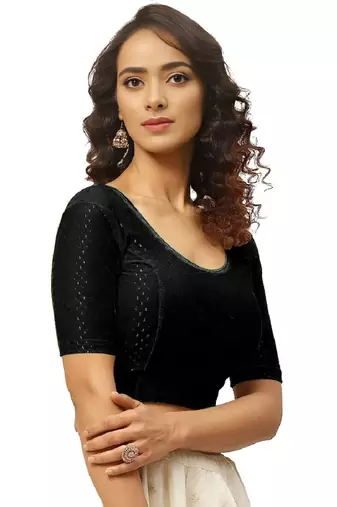 Black Cotton Lycra Fully Stretchable Round Neck Readymade Blouse With Half Sleeve
