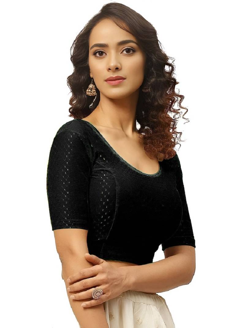 Black Cotton Lycra Fully Stretchable Round Neck Readymade Blouse With Half Sleeve