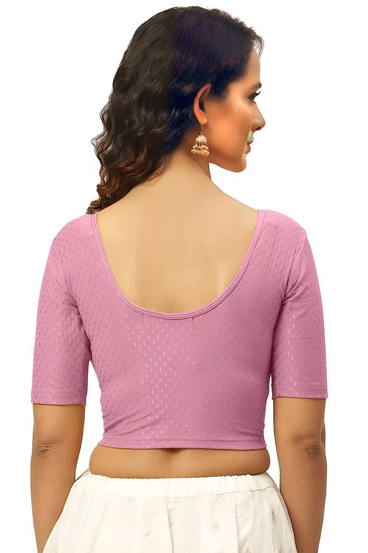 Baby Pink Cotton Lycra Fully Stretchable Round Neck Readymade Blouse With Half Sleeve