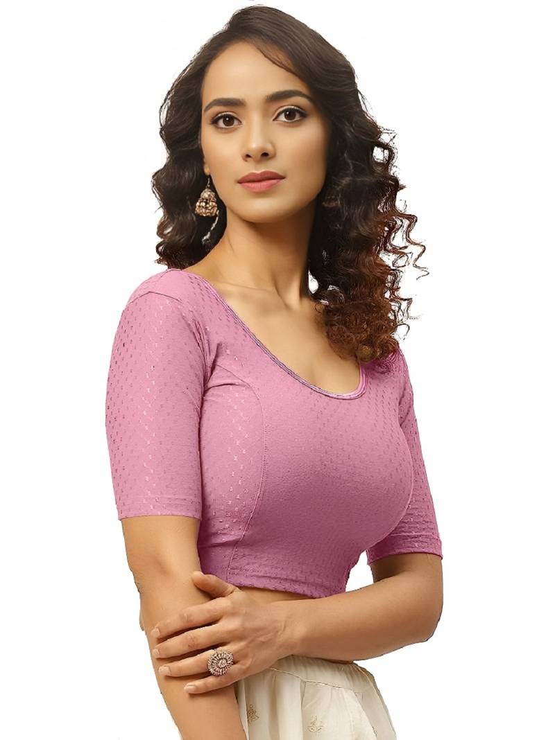 Baby Pink Cotton Lycra Fully Stretchable Round Neck Readymade Blouse With Half Sleeve