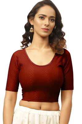 Maroon Cotton Lycra Fully Stretchable Round Neck Readymade Blouse With Half Sleeve 1