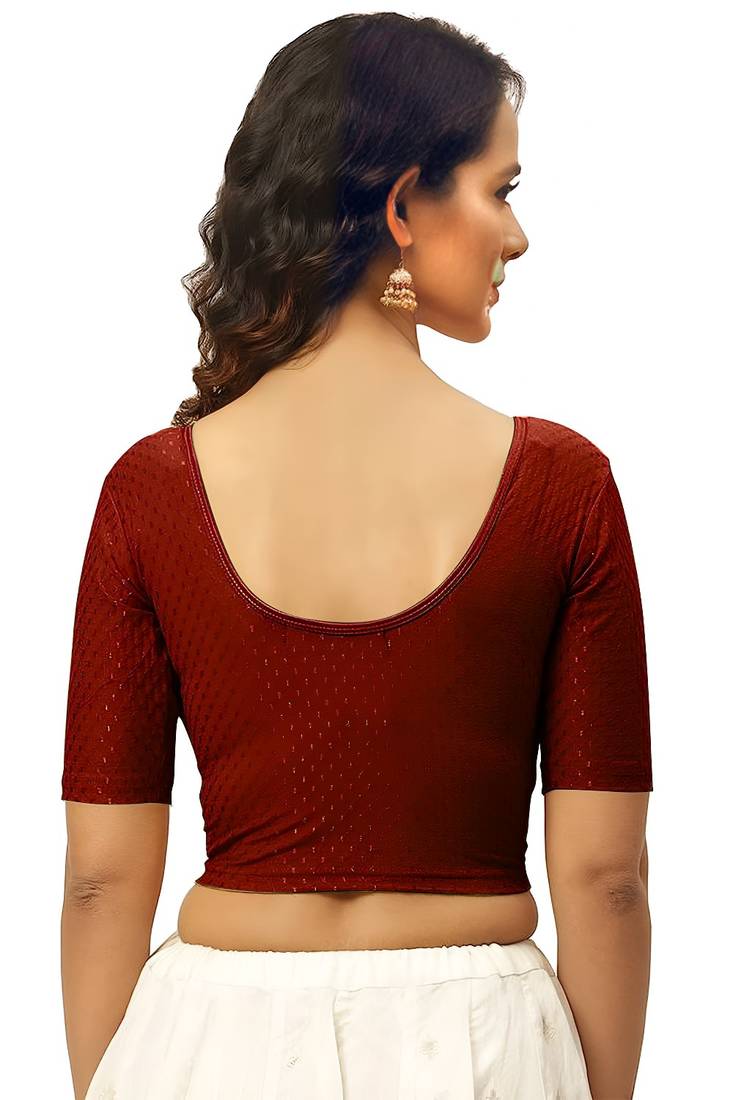 Maroon Cotton Lycra Fully Stretchable Round Neck Readymade Blouse With Half Sleeve