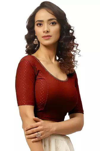 Maroon Cotton Lycra Fully Stretchable Round Neck Readymade Blouse With Half Sleeve