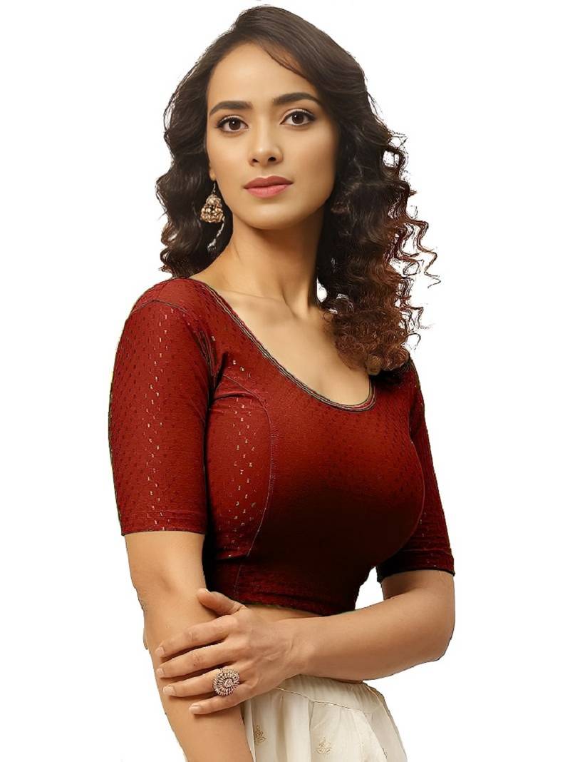 Maroon Cotton Lycra Fully Stretchable Round Neck Readymade Blouse With Half Sleeve