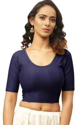 Navy Blue Cotton Lycra Fully Stretchable Round Neck Readymade Blouse With Half Sleeve 1