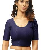Navy Blue Cotton Lycra Fully Stretchable Round Neck Readymade Blouse With Half Sleeve