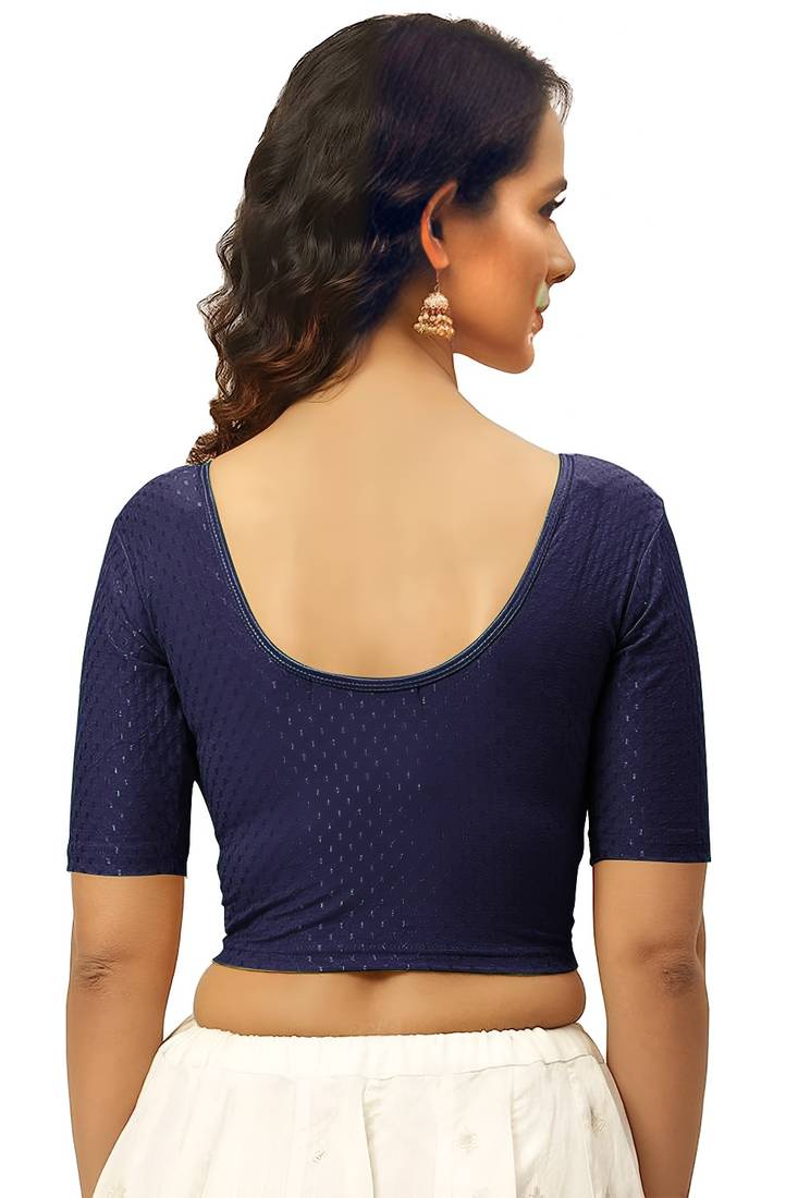 Navy Blue Cotton Lycra Fully Stretchable Round Neck Readymade Blouse With Half Sleeve