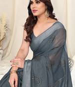 Grey cotton foil block print silver zari border saree with unstitched blouse piece