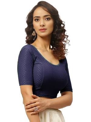 Navy Blue Cotton Lycra Fully Stretchable Round Neck Readymade Blouse With Half Sleeve 3
