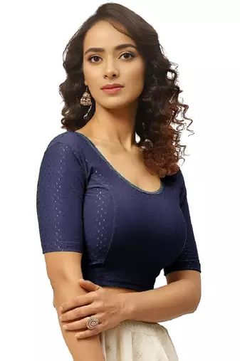 Navy Blue Cotton Lycra Fully Stretchable Round Neck Readymade Blouse With Half Sleeve