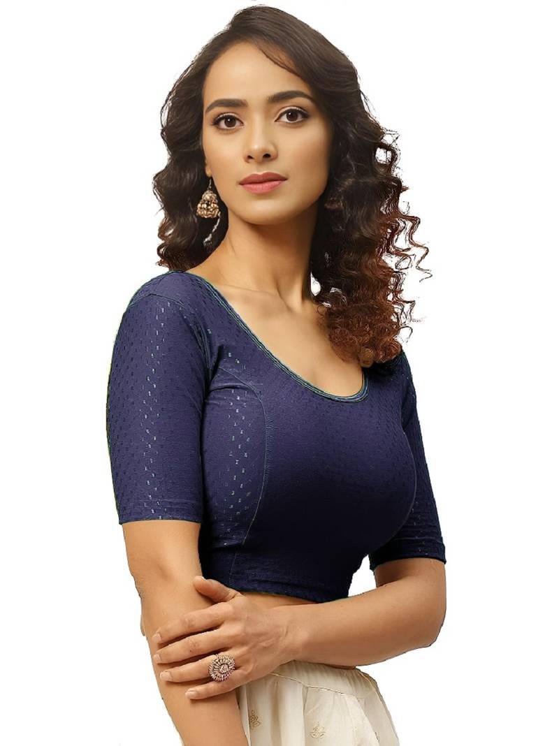 Navy Blue Cotton Lycra Fully Stretchable Round Neck Readymade Blouse With Half Sleeve