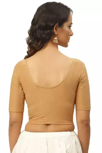 Cream Cotton Lycra Fully Stretchable Round Neck Readymade Blouse With Half Sleeve