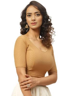 Cream Cotton Lycra Fully Stretchable Round Neck Readymade Blouse With Half Sleeve 3