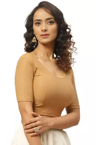 Cream Cotton Lycra Fully Stretchable Round Neck Readymade Blouse With Half Sleeve