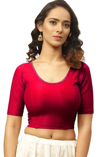 Red Cotton Lycra Fully Stretchable Round Neck Readymade Blouse With Half Sleeve