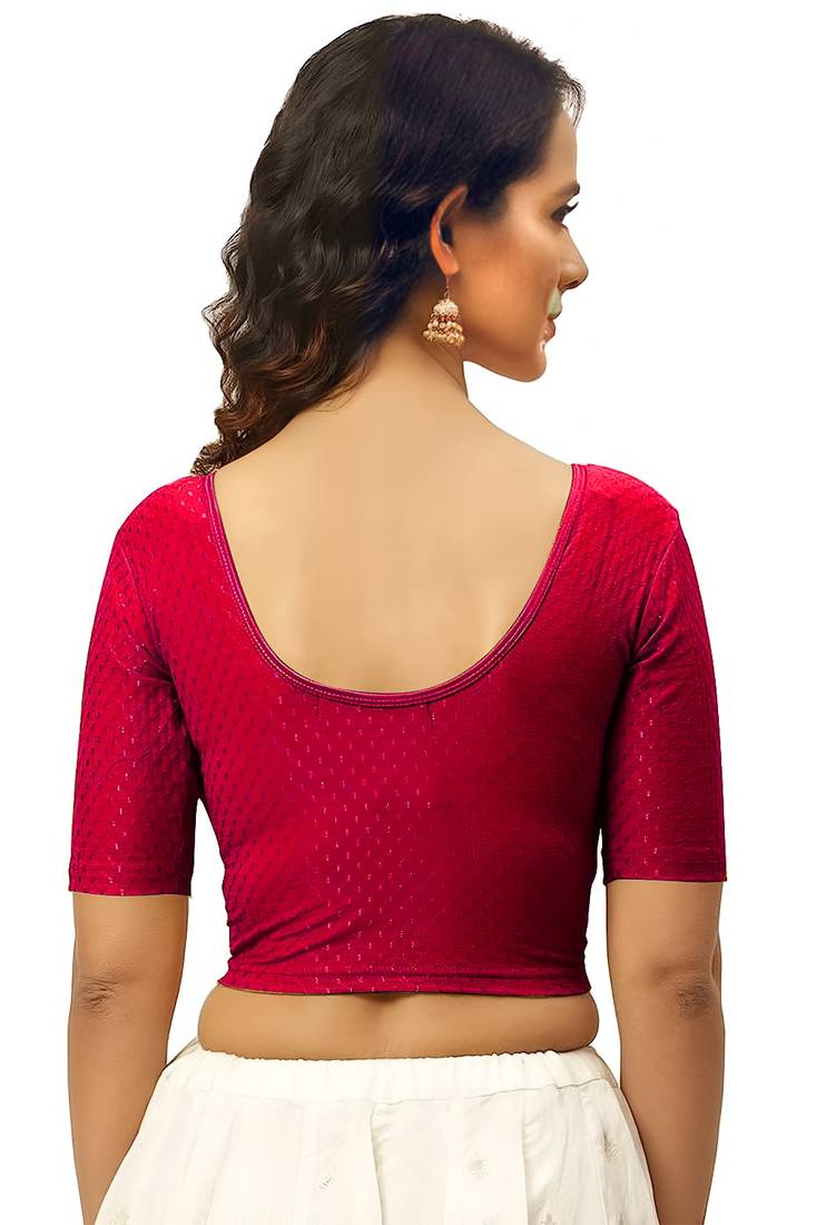 Red Cotton Lycra Fully Stretchable Round Neck Readymade Blouse With Half Sleeve