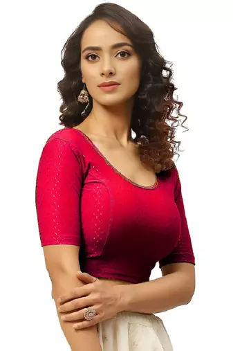 Red Cotton Lycra Fully Stretchable Round Neck Readymade Blouse With Half Sleeve
