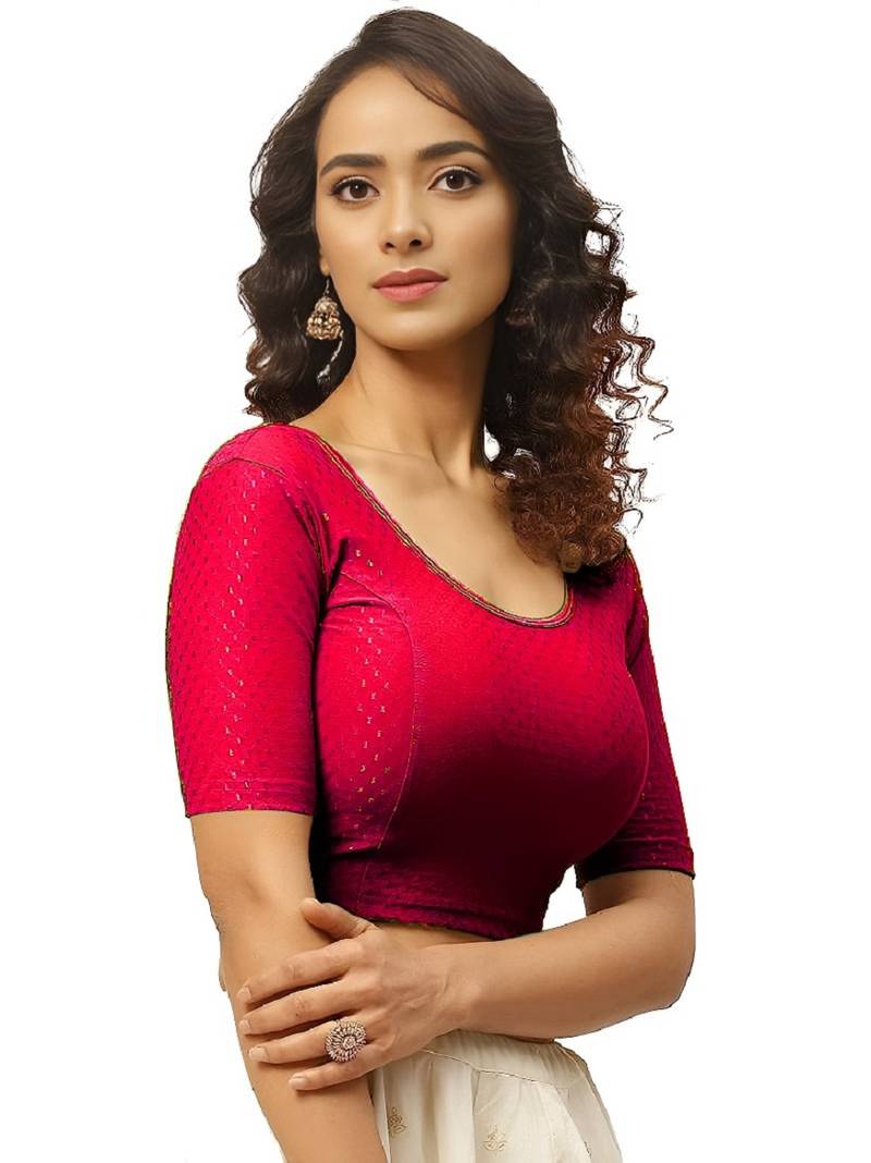 Red Cotton Lycra Fully Stretchable Round Neck Readymade Blouse With Half Sleeve