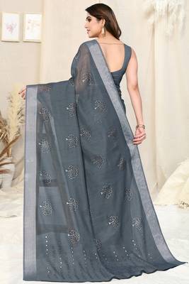 Grey cotton foil block print silver zari border saree with unstitched blouse piece 4