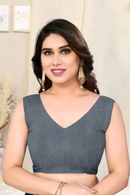 Grey cotton foil block print silver zari border saree with unstitched blouse piece 5