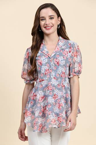Keri perry wmen's grey georgette floral peplum western top