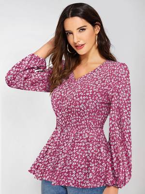 Keri perry women's light pink  muslin floral peplum western top 2
