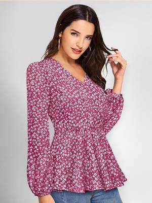 Keri perry women's light pink  muslin floral peplum western top 3