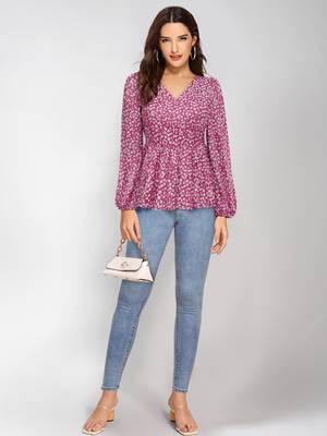 Keri perry women's light pink  muslin floral peplum western top 5