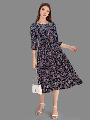 Keri perry women's nevy blue reyon paisley print fit & flared western dress 1