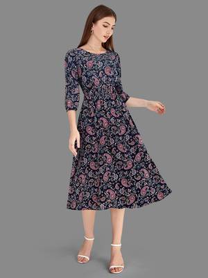 Keri perry women's nevy blue reyon paisley print fit & flared western dress 2