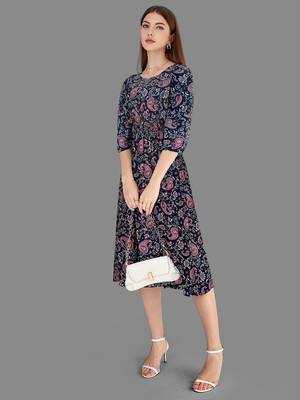 Keri perry women's nevy blue reyon paisley print fit & flared western dress 3