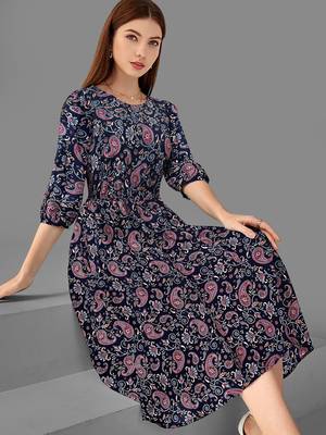 Keri perry women's nevy blue reyon paisley print fit & flared western dress 4