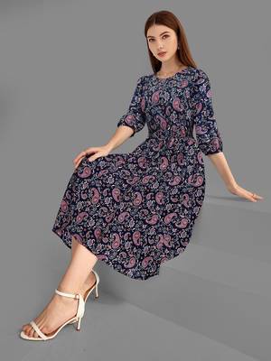 Keri perry women's nevy blue reyon paisley print fit & flared western dress 5