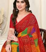 Multicolor georgette badhni / bandhej print / ston work lace border saree with unstitched blouse piece