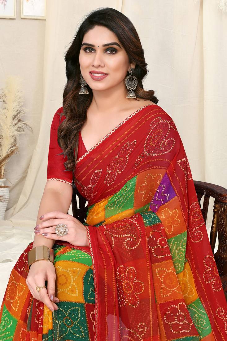 Multicolor georgette badhni / bandhej print / ston work lace border saree with unstitched blouse piece