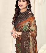 Beige chiffon floral print/badhni saree with unstitched blouse piece