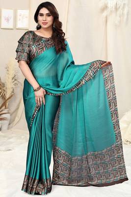 Turquoise Chiffon Solid Saree Without Blouse 1