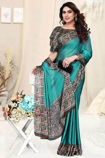 Turquoise Chiffon Solid Saree Without Blouse