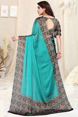Turquoise Chiffon Solid Saree Without Blouse 4