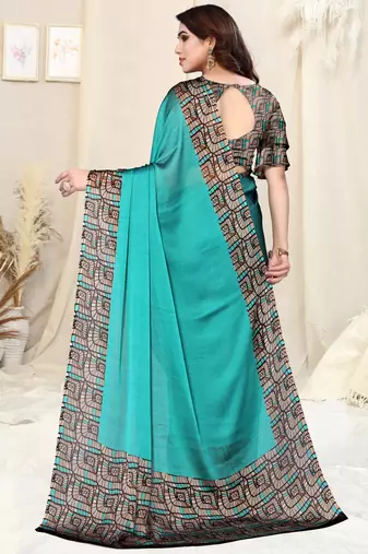 Turquoise Chiffon Solid Saree Without Blouse