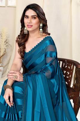 Dusty Blue Georgette Woven Satin Solid Saree With Blouse 1