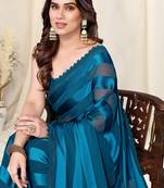 Dusty Blue Georgette Woven Satin Solid Saree With Blouse