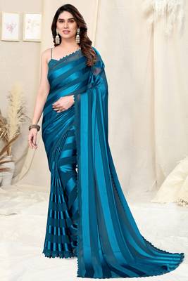 Dusty Blue Georgette Woven Satin Solid Saree With Blouse 2