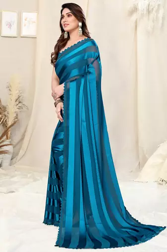 Dusty Blue Georgette Woven Satin Solid Saree With Blouse