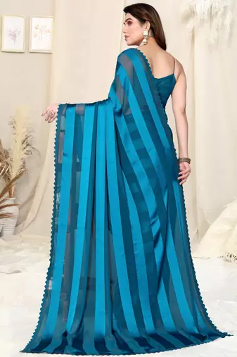 Dusty Blue Georgette Woven Satin Solid Saree With Blouse