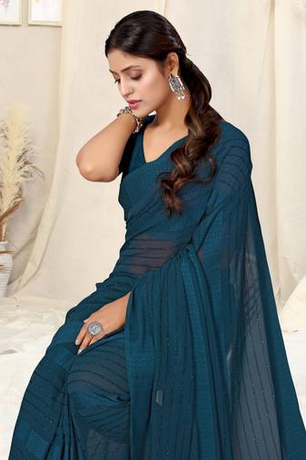 Peocock Blue Georgette Solid/ Tassels Saree Without Blouse